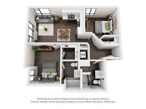 Floor plan for 2 beds, 2 baths, 939 sqft